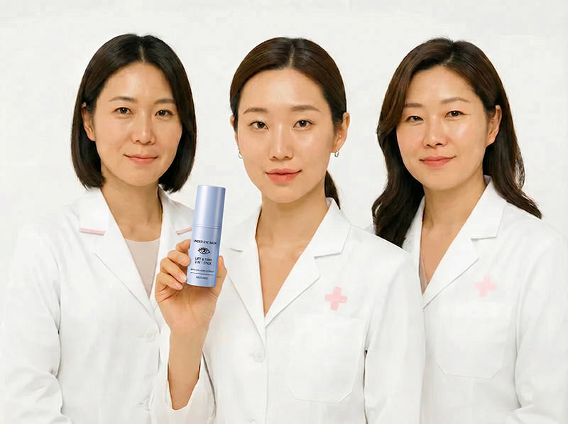 Korean skincare lab team holding under-eye balm